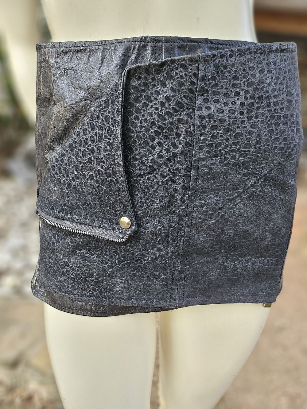 Custom Signed Black Textured Leather Mini Skirt Stud & Zip Flap